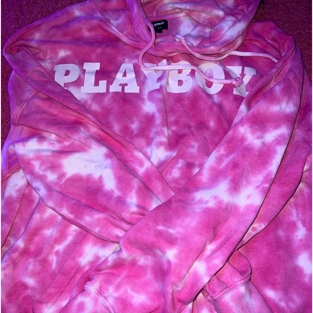 Pink tie dye distressed play boy hoodie. size xs. good condition.